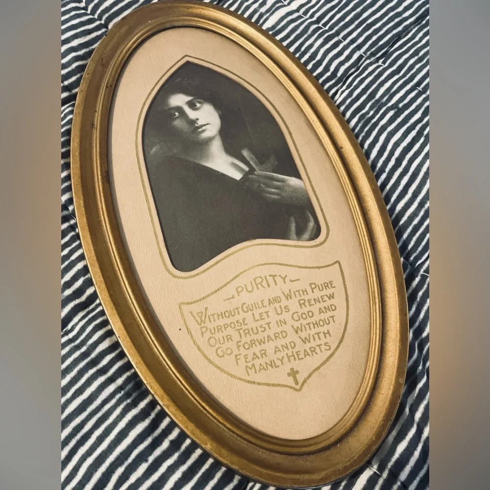 Rare Gold Oval Framed Vintage lithographic religious portrait “purity”